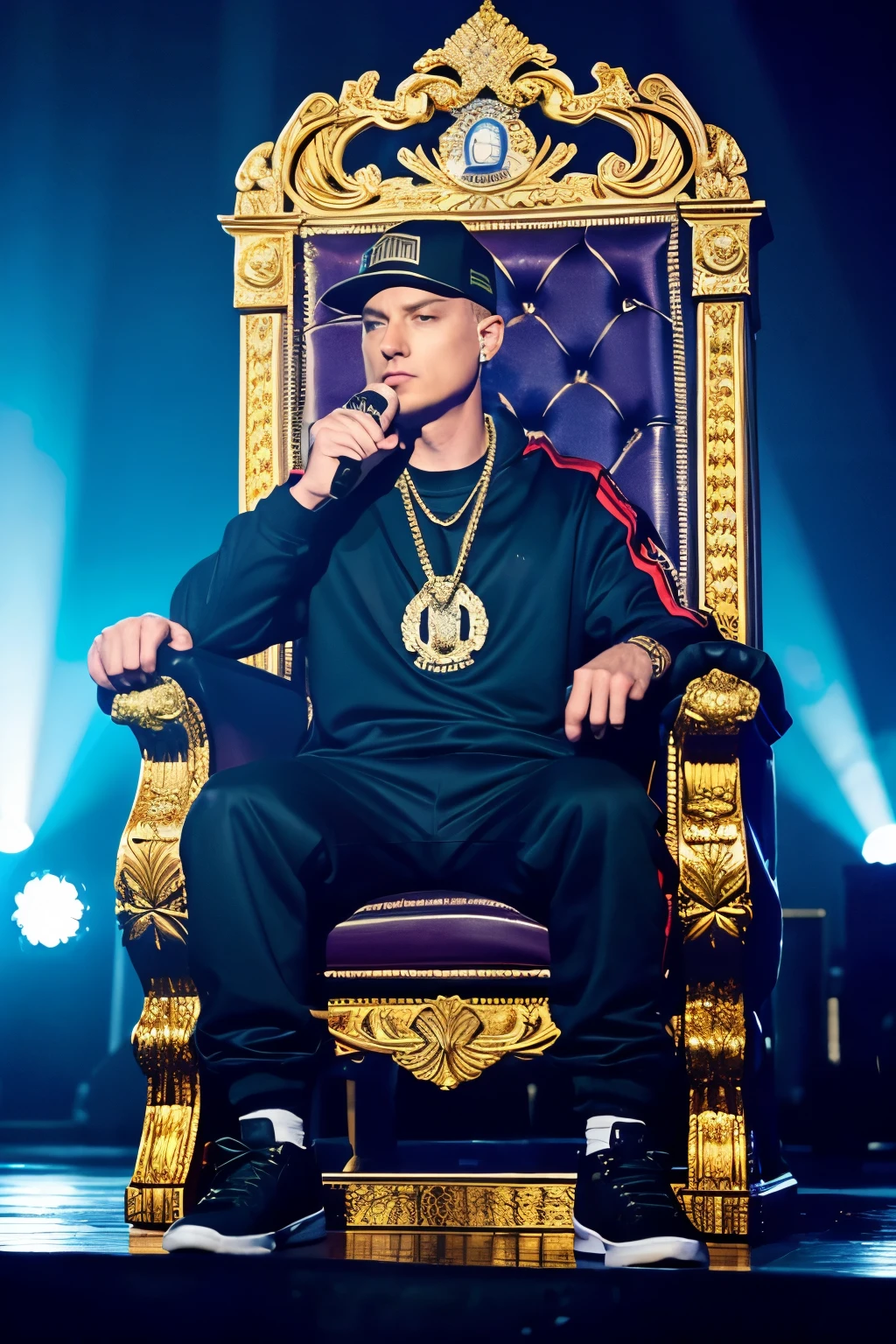 A stage with a king throne with rappers trying to grab it but they cant take the king (eminem) out of the throne