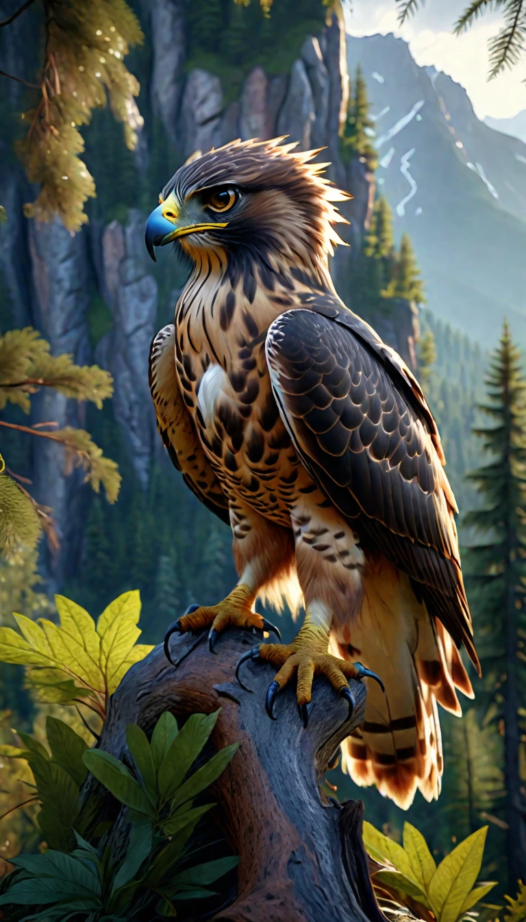 Mountains and forests，There is a kind of beast，It looks like a hawk but has human hands.(best quality，4K，8K，masterpiece：1.2），Ultra Detailed，（lifelike，Photo real，Photo real：1.37），Highly detailed animals，Realistic lighting，Fantasy Creatures