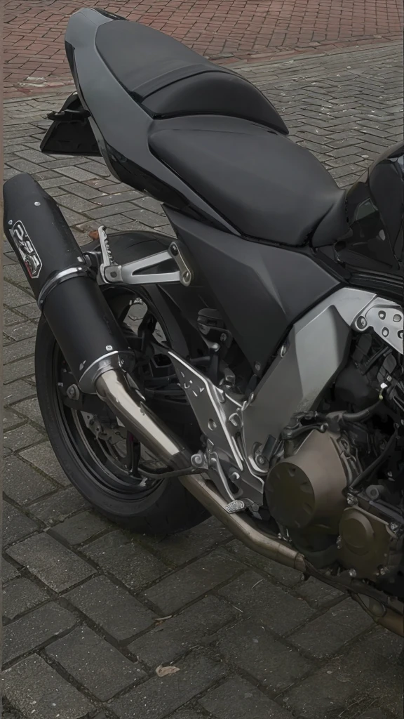 there is a motorcycle parked on the side of the road, yoshimura exhaust, with large chrome tubes, Made of brushed steel, rear shot, metal tail, kawasaki, counter, extremely high detail, high detail shot, revelation, altered carbon, 105mm, tailored, 1 0 5 mm, motorcycle