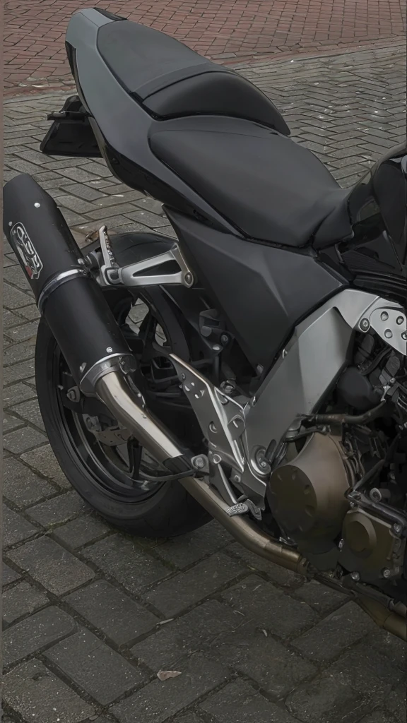 there is a motorcycle parked on the side of the road, yoshimura exhaust, with large chrome tubes, Made of brushed steel, rear shot, metal tail, kawasaki, counter, extremely high detail, high detail shot, revelation, altered carbon, 105mm, tailored, 1 0 5 mm, motorcycle