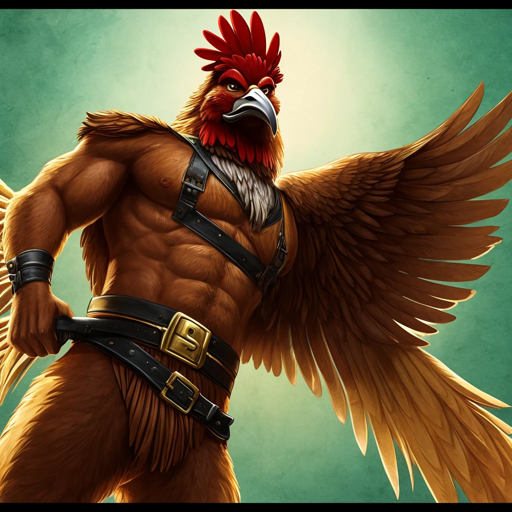 ((masterpiece,best quality)),best res, ((transparent background))El gallo is an actual full bodied , full feathered rooster and is the leader of a Mexican gang of banditos in the early 1900s, he is well groomed but dusty and is brownish-red feathered with a over-stylized large plume of tail feathers and a big, admirable, manly, Mexican mustache, dressed only in old-timey, Mexican bandito gear (thick, worn, brown leather bullet straps crossed over his chest and traditional pistola belt around his wAIST of the same style, and spurs) and stands intimidatingly at an angle with one foot forward in front of a 100% transparent background with a mildly angry, cocky expression, chin up, looking down from the slightly upward point of view of the viewer