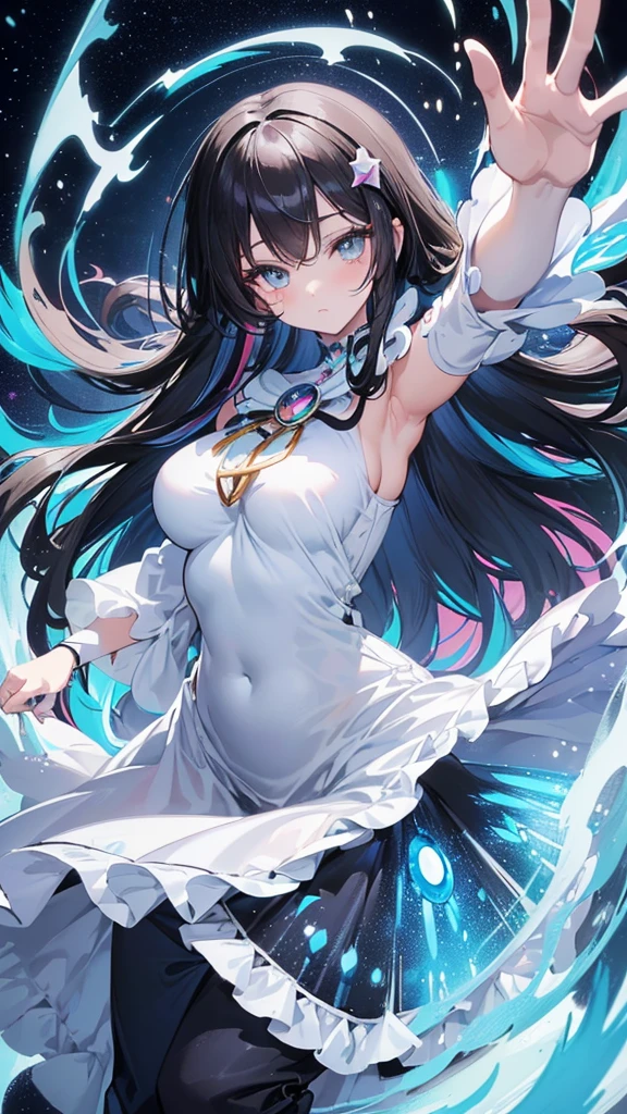 best quality, extremely detailed, anime style adult 1girl, long hair down to the waist, straight hair, ((dark black hair with bluish)), beautiful detailed eyes, pinched eyes, dark blue eyes, huge breasts,curvy, ((((kawaii white base colorful magical dress)))),((trousers)),hair accessory,((mysterious item in mysterious place)),dynamic pose,magic square,in precure style