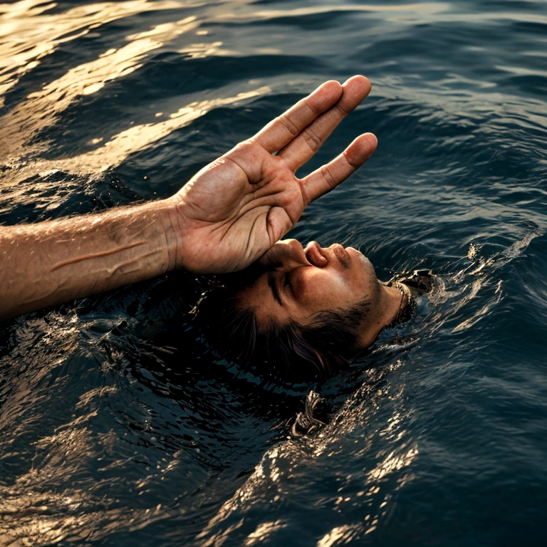 Realism, High Image, man's hand sticking out of the water, drowning man, Sea, rough ocean, Realism