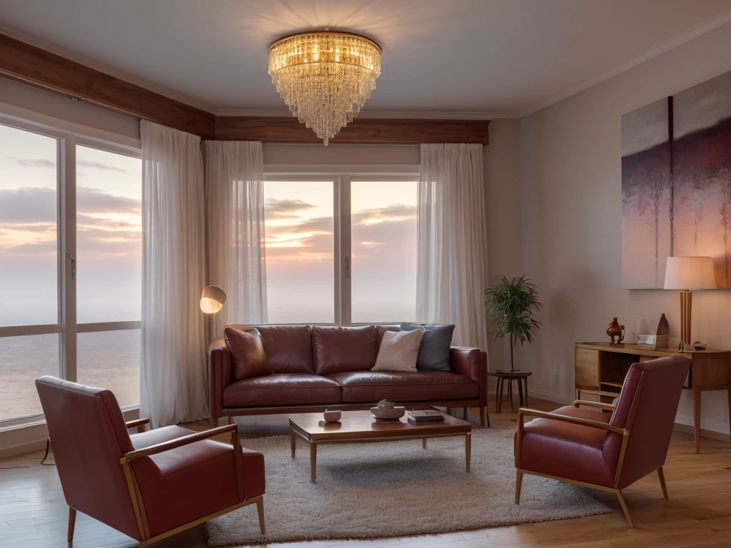 (Masterpiece), (photorealistic:1.5), (of the highest quality:1.4, 8k, raw photo, ultra high resolution, Professional lighting, Perfect dynamic composition, film grain, chromatic aberration, (bokeh:1.1), sophisticated, Surreal, high detail, golden ratio, Stunning view of a living room; contemporary style, with various furniture in brightly colored leather, very polished and shiny dark wood carpentry, contemporary lamps, decoration with abstract paintings, natural lighting and mist through large windows with white curtains blowing in the wind, at sunset with reddish clouds in the background