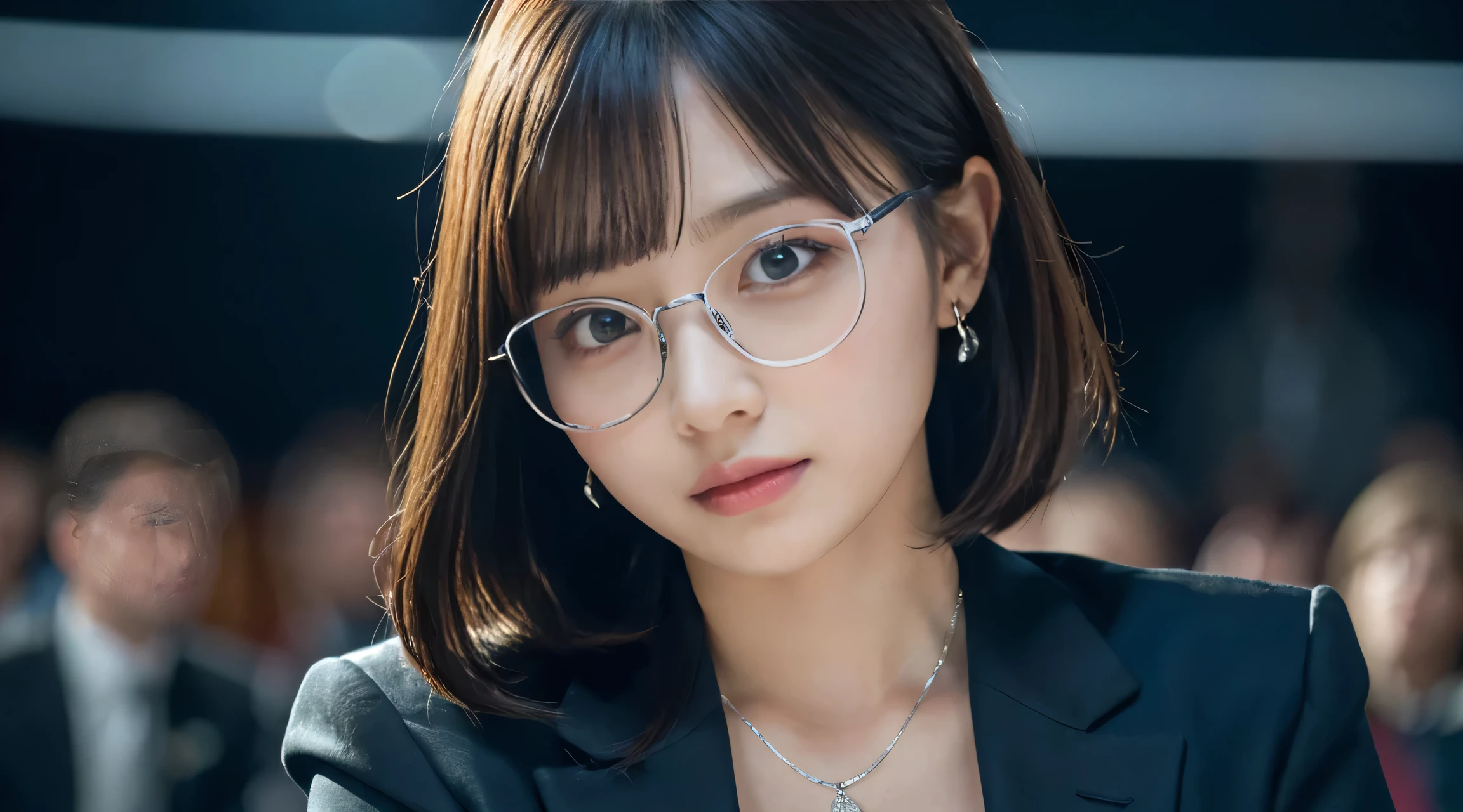 High resolution, Highly detailed photos, Hyper Real, Professional Lighting, Detailed bust, 8k wallpaper, Tabletop, highest quality, 1 girl, Beaver, (Looking at the audience), Dark blue suit, shirt, Silver-rimmed glasses, Earrings, necklace, mini skirt, large bust with good shape, Bokeh, Lower your arms