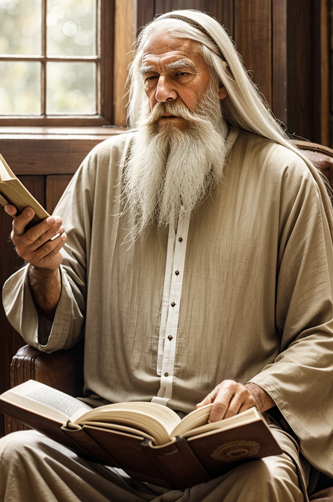 old man with long beard and long white hair sitting reading book with tunic similar to moses