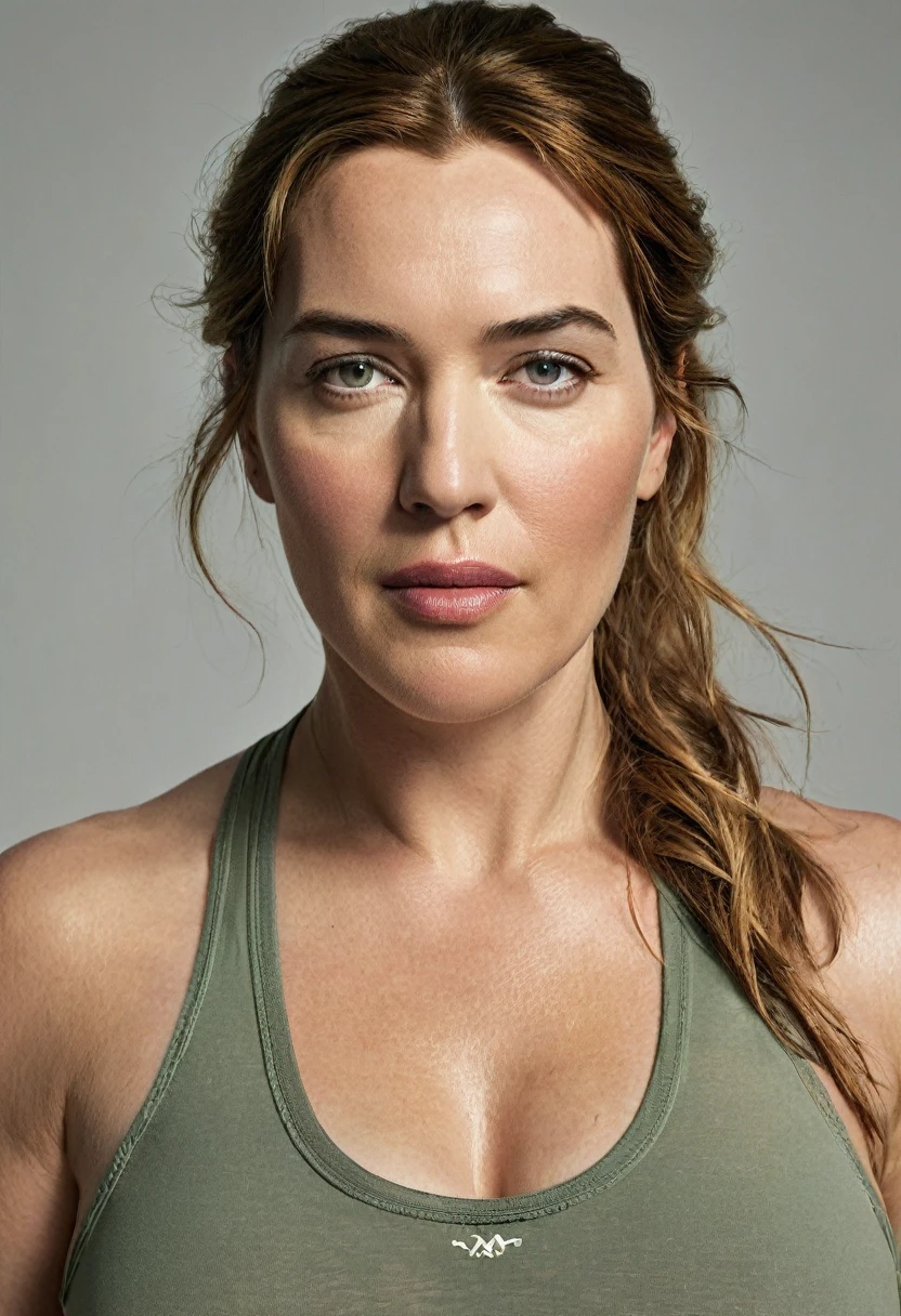 Looks like Kate Winslet, Wearing a tank top, thick figure, Capture Lara Croft in a luminous photograph that showcases her fearless spirit and undeniable beauty, Bring her to life with intricate details and a realistic portrayal,detailed skin, perfect eyes, highlighting her iconic symmetry, Realism, textured skin, super detail, award winning, best quality, 16k, retina, cinematic,