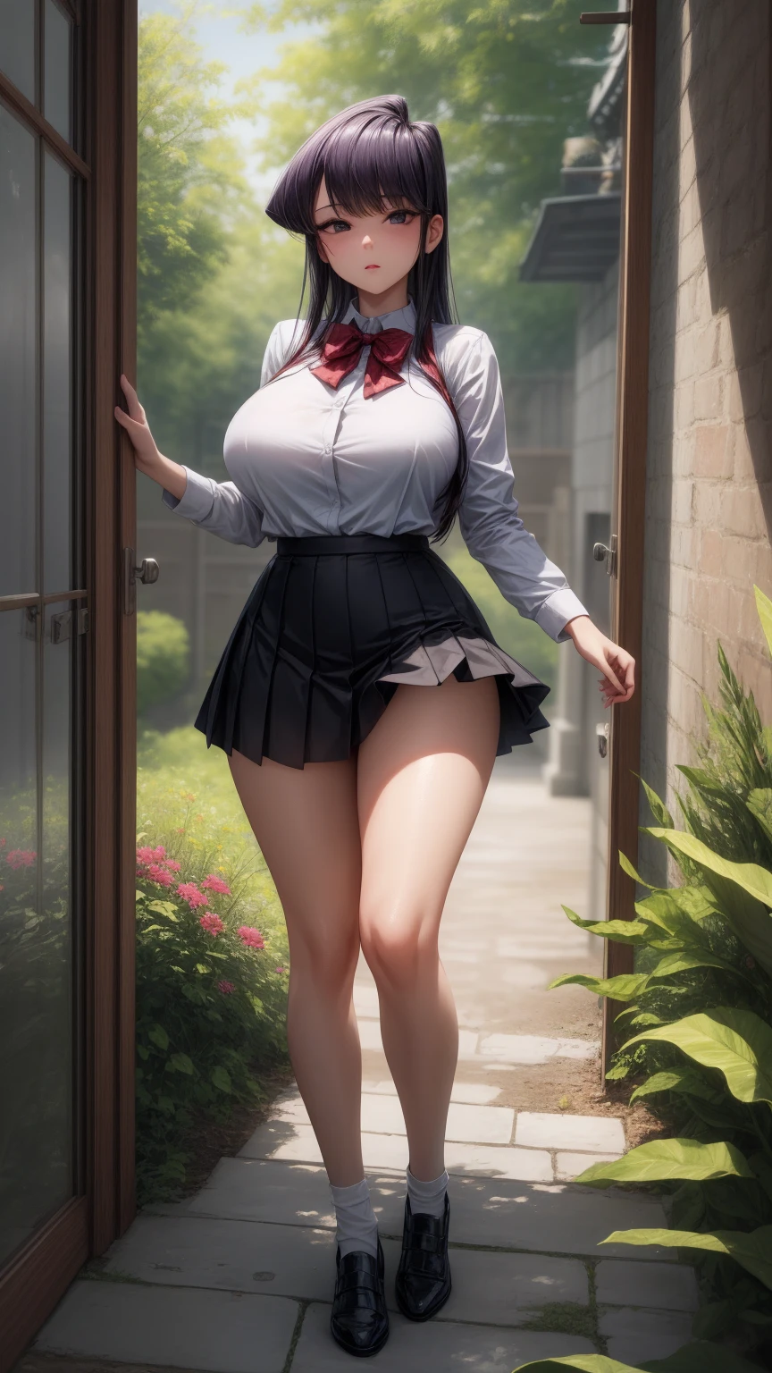 anime female character in , with short skirt,
BREAK
, komi_shouko, purple hair, purple eyes, long hair, orange scrunchie, scrunchie, wrist scrunchie, (Beautiful,Huge_Breasts:1.3),
BREAK
, 1girl, solo, Standing in the garden, full body, full figure,
BREAK
, A breathtakingly beautiful garden filled with vibrant flowers, lush green plants, and a crystal-clear pond. The air is filled with the sweet scent of blooming flowers, and rays of golden sunlight gently filter through the leaves, creating a magical atmosphere, 
BREAK
, black footwear, black skirt, bow, bowtie, buttons, cardigan, collared shirt, long sleeves, microskirt, pleated skirt, red bow, red bowtie, red socks, , shirt, shoes, skirt, socks, thighs, white cardigan, white shirt, unbottened shirt, short skirt, 
BREAK
, beautiful detailed eyes, beautiful detailed lips, extremely detailed eyes and face, long eyelashes,
BREAK
, medium: oil painting, atmospheric lighting, dreamy color palette, detailed interior decoration, quiet and peaceful ambiance,
BREAK
, (best quality,4k,8k,highres,masterpiece:1.2), ultra-detailed, official art, extremely detailed CG unity 8k wallpaper, perfect lighting, Colorful, (best_quality:1.0), ultra high res,4K, ultra-detailed, 8K, HDR, high resolution,  absurdres:1.2, film grain, blurry background, (vibrant_color:1.2), (beautiful_face:1.5), (narrow waist),