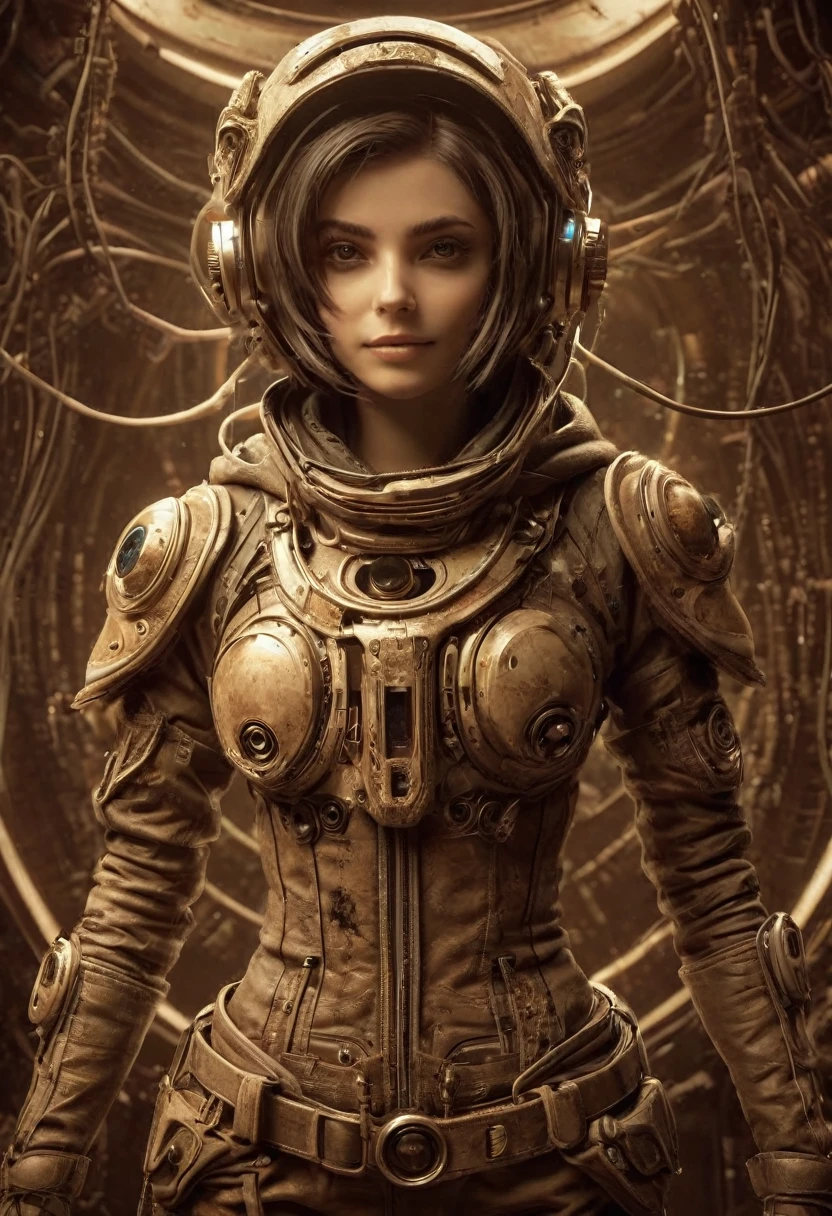 Outer space, tv on, sepia, grainy, eerie environment. creepypasta is a scary entity in the form of a girl with very big eyes and a scary smile...in the style of elson peter, diego dyer, peter mohrbacher, karol bak.focus on 1 full body frame. focus on 32k hyper hd, masterpiece, best quality, ultra detail 1.6 solo, 1 female entity imbued with the essence of cypherpunk aesthetics.
