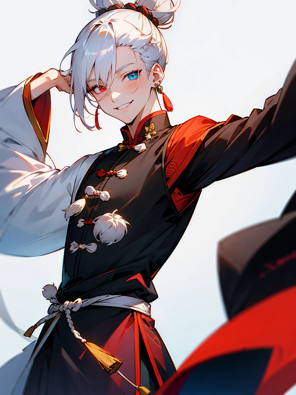 1male, white hair, heterochromia, top knot, chinese outfit, earrings, smile