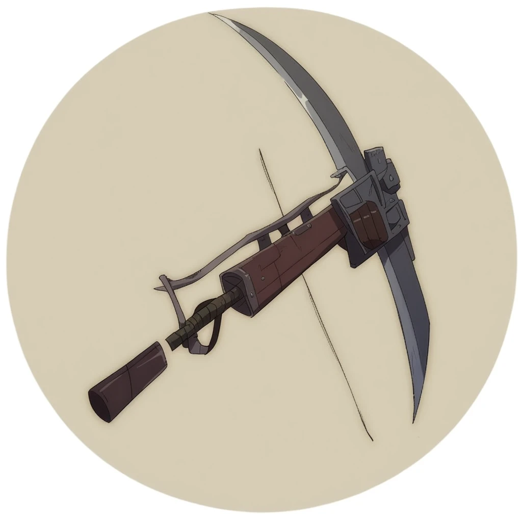 a cartoon image of a knife with a handle and a handle, scythe design, glaive, with hand crossbow, fantasy scythe, weapon design, pickaxe, hold mechanical bow and arrow, huge scythe, sickle, shortbow, long detailed ornate scythe, weapon, gadget hackwrench, weapon concept art, holding futuristic crossbow, scythe,shingeki_no_kyojin_s4_style,