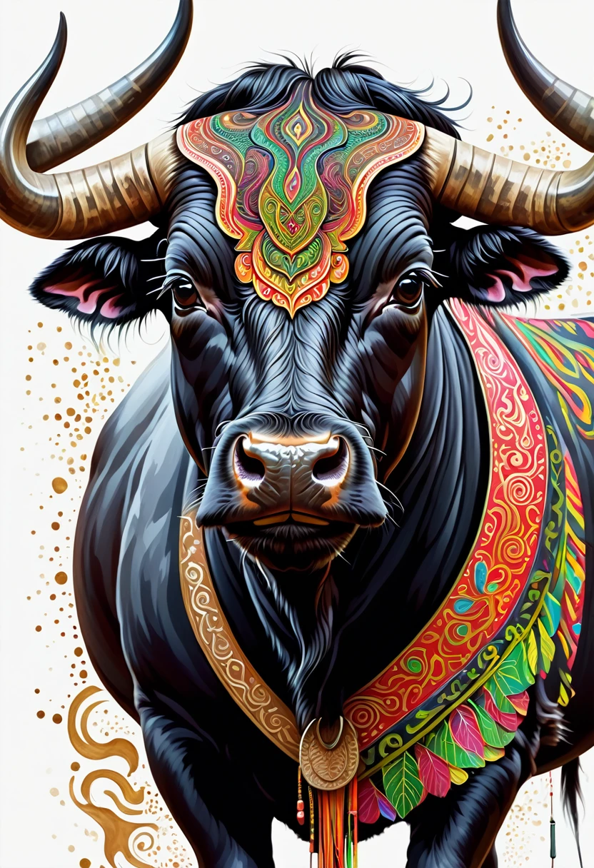 Half man half asian black bull, tribal, caramelised meat, oil slick, intricate gouache texture, high details, 4k