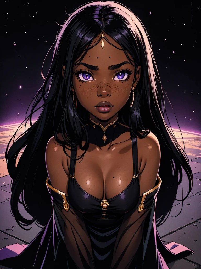 (masterpiece), best quality, expressive eyes, perfect face, (masterpiece), best quality, expressive eyes, perfect face. (absurdres, highres, ultra detailed), 1 girl black skin, plump lips, black skin, cute and delicate. extremely long WHITE hair, freckles on her face, her breasts are small, completely innocent face, she is wearing color cosmic clothes. BLACK SKIN, WOMAN BLACK SKIN, ONLY BLACK SKIN allowed, DARK_SKIN,  high quality, 8k, 4k, FULL BODY. LILAC EYES