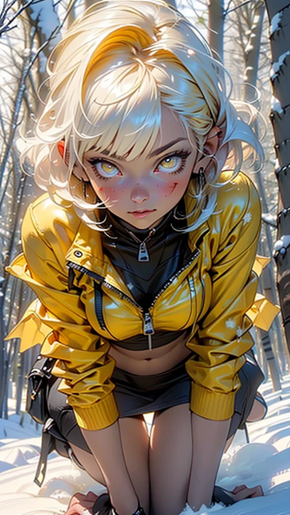 ((Demon girl,demon wings, yellow wings,demon horns)), 1 demon girl, girl,1girl,((extremely cute and beautiful demon yellow haired girl)),(large :1.4),((((short yellow hair:1.35,bangs,colored inner hair,ear breathing)))),(((yellow_eyes:1.3))),intricate eyes,beautiful detailed eyes,symmetrical eyes,garnet eyes,((((lustrouin:1.5,tanned skin,bright skin:1.5,skin tanned,shiny skin,very shiny skin,shiny body)))),(spider lower abdomen,narrow waist,wide hip,athletic body,inflated legs,thick thighs,detailed body,(detailed face)),((heart pupils:1.4, heart,hearts,heart marks)),
cute,slutty,seductive,erotic,(nsfhoker,latex,leather jacket,yellow shirt,leather short,(yellow theme:1.2),(yellow tone:1.2),black tone,((navel)),(((unzipped, open fly))),
(dynamic pose:1.0),(grin:0.6),provocative,(centered,scale to fit dimensions,Rule of thirds),
((snowy yellow cherry forest:1.5)),winter,scenery:1.25,((intricate scenery)),((snow forest background)),
(Glossy winter ornaments),highres,sharp focus,(ultra detailed,extremely detailed),(photorealistic artwork:1.37),(extremely detailed CG unity 8k wallpaper),(((vibrant colors,vibrant theme))),(intricate),(masterpiece),(best quality),artistic photography,(photography taken by sldr),(intricate background),perfect rendered face,perfect face details,realistic face,photo realistic,((intricate detail)),(((realism))),