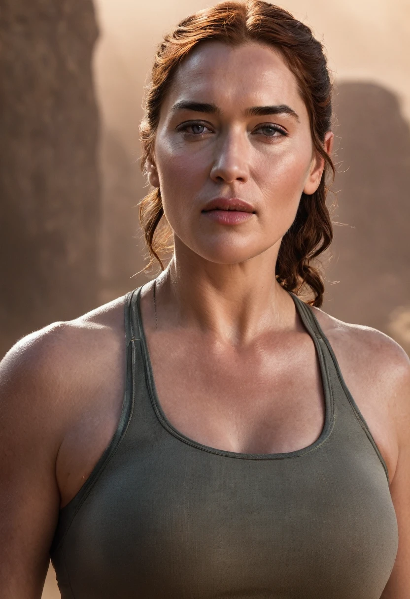 Looks like Kate Winslet, Wearing a tank top, thick figure, Capture Lara Croft in a luminous photograph that showcases her fearless spirit and undeniable beauty, Bring her to life with intricate details and a realistic portrayal,detailed skin, perfect eyes, highlighting her iconic symmetry, Realism, textured skin, super detail, award winning, best quality, 16k, retina, cinematic,