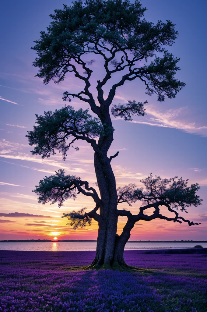 Raskidistoe branchy tree, azure purple sunset