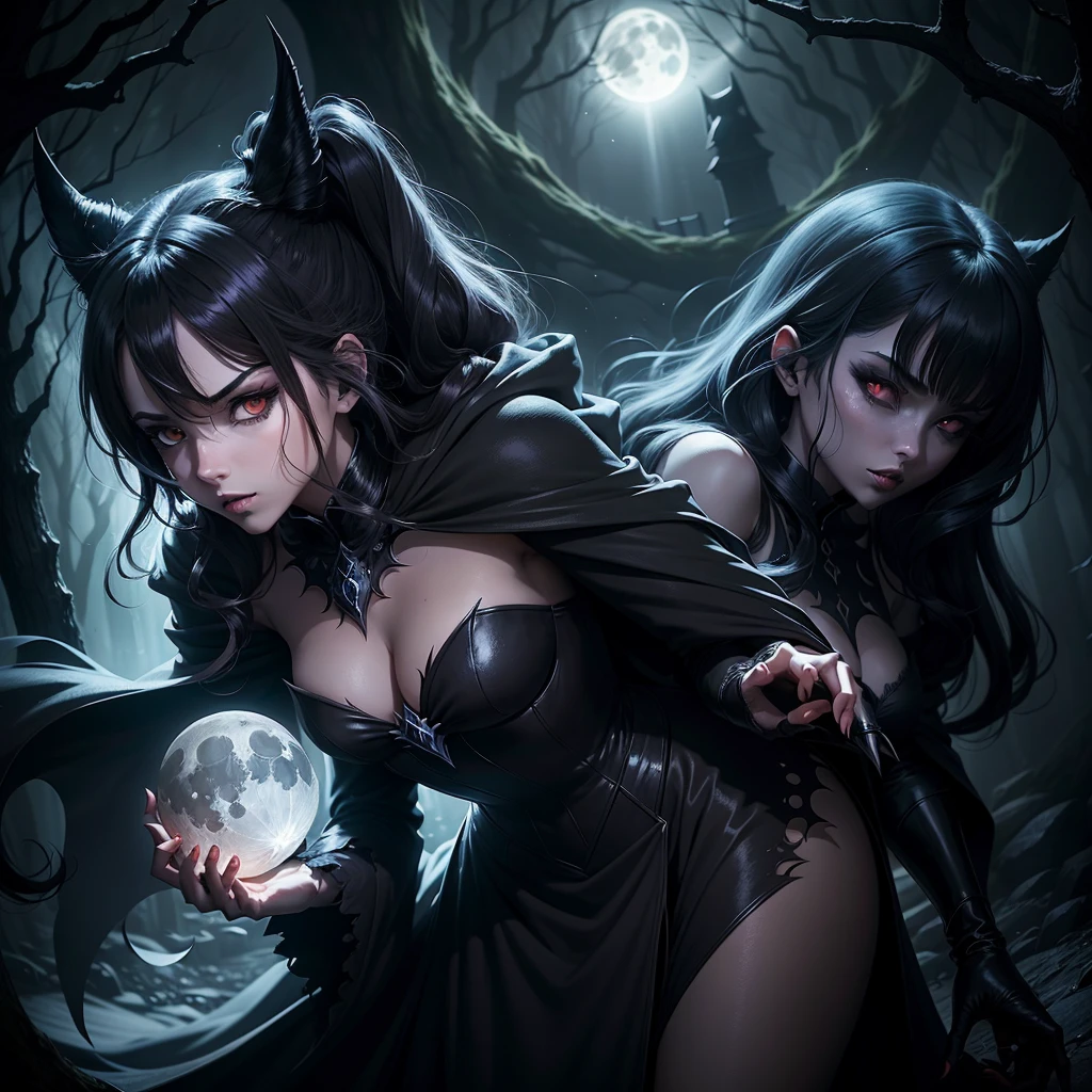 Anime-style illustrations,A duet of light and darkness,devil girl,dark fantasy,Enchanted Light,magic powers,glowing eyes,demonic features,black cloak,ominous atmosphere,moonlit night,ominous shadows,detailed facial expressions,dark tendrils,nightmare,haunting,gothic aesthetic,ferocious companion,vivid colors,dangerous beauty,captivating gaze,sinister aura,creature of the night,enchanted bond,loyal protector,moon's reflection,shadowy figure,ethereal,mythical,otherworldly,mesmerizing presence