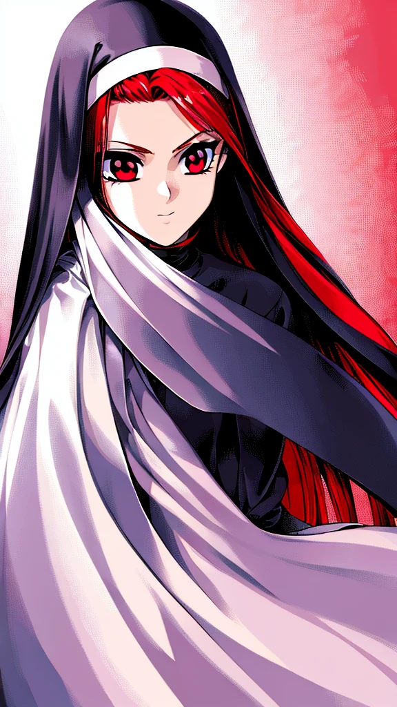 best quality,highly detailed,masterpiece,ultra-detailed,long hair,red hair, nun, 1 girl,red eyes, highres, colorful,galgame, White background,Front view, black clother,black nun uniform