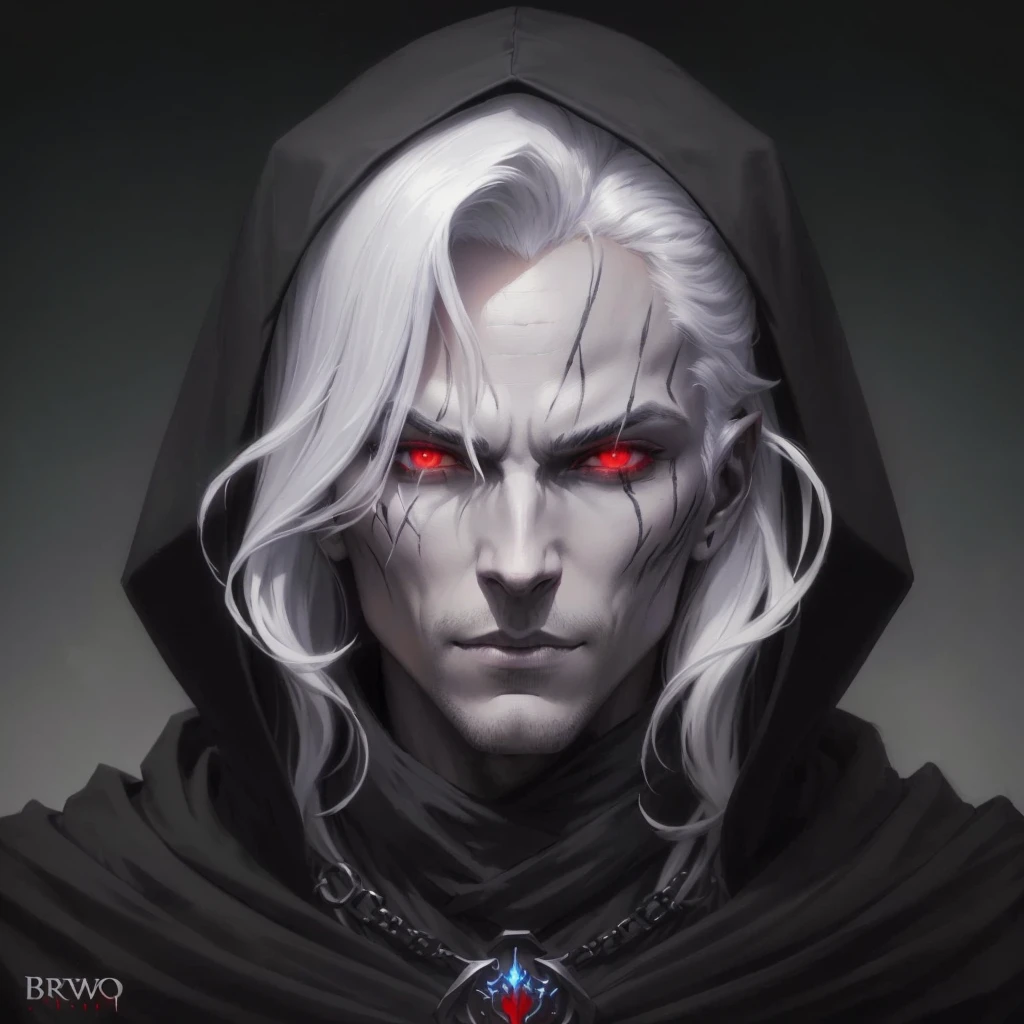 a close up of a person with a hood on and a red eye, handsome drow, beautiful male drow, male drow, darksynth character portrait, drow, portrait of drizzt do'urden, lolth, trendin on artstation, male vampire of clan banu haqim, dark fantasy character design, amazing portrait of viego