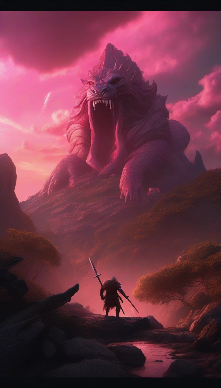((photorealism hyperrealism photorealism)) photorealistic, cinematic photorealistic image of a tiny barbarian the size of an ant, styled like Conan the Barbarian, but with long pink hair and beard, wielding a sword and facing and fighting a mountain!  The mountain is shaped like a colossal serpent, constructed from stones and rocks, with ten menacing arms and ten legs protruding along its massive body, and a terrifying witch-like face, it is locked in a fierce battle with a barbarian. They are on top of a mountain with panoramic views of a forest canopy below and a distant beach near the horizon. The sky is bright pink, featuring a giant moon, highlighting the atmosphere of an alien planet. The scene must convey intense movement and dynamic action in the confrontation between the serpent and the barbarian in hyper-detailed, realistic-style renderings, 8k, epic, dramatic, fantastic, full body, intricate design and details, dramatic lighting, hyperrealism, photorealistic, cinematic, 8k, 12k, dramatic photo, epic photo, cinematic photo + photo taken by Canon + Incredibly detailed and sharp details from 8HQ, Neoprene, Behance contest winner, ultra sharp focus, masterpiece of complex art, sinister, epic, TanvirTamim, trending on Artstation by Artgerm, H. R. Giger and Beksinski, highly detailed design and details, vibrant and complex lighting, dramatic, hyperrealism, photorealistic, cinematic, 8k, 12k, detailed face, dramatic photo, epic photo, cinematic photo + photo taken by canon + incredibly detailed Detailed and Sharp in 8HQ, Neoprene, Competition Winner, Ultra Sharp Focus, Masterpiece of Complex, Sinister and Epic Art, TanvirTamim, Trending in Artstation, by Artgerm, H. Cinematic photo R, photo taken by Canon, incredible, sharp details HQ, 8k, vibrant, fashion, dark fantasy, photo, cinematic