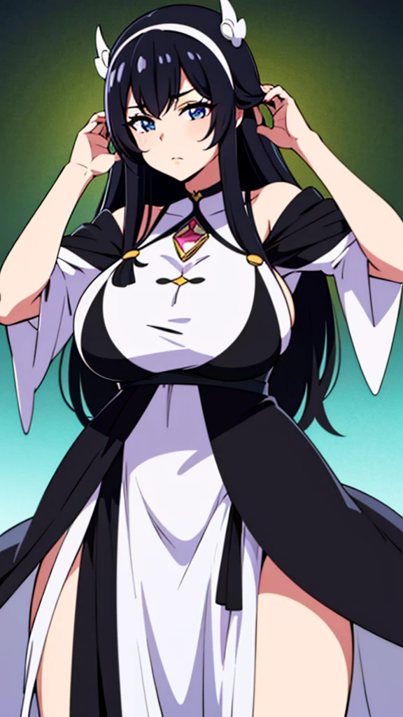 best quality, extremely detailed, anime style adult 1girl, long hair down to the waist, straight hair, ((dark black hair with bluish)), beautiful detailed eyes, pinched eyes, dark blue eyes, huge breasts,curvy, ((((kawaii white and black base colorful magical dress)))),((trousers)),hair accessory,((mysterious item in mysterious place)),dynamic pose,magic square,in precure style