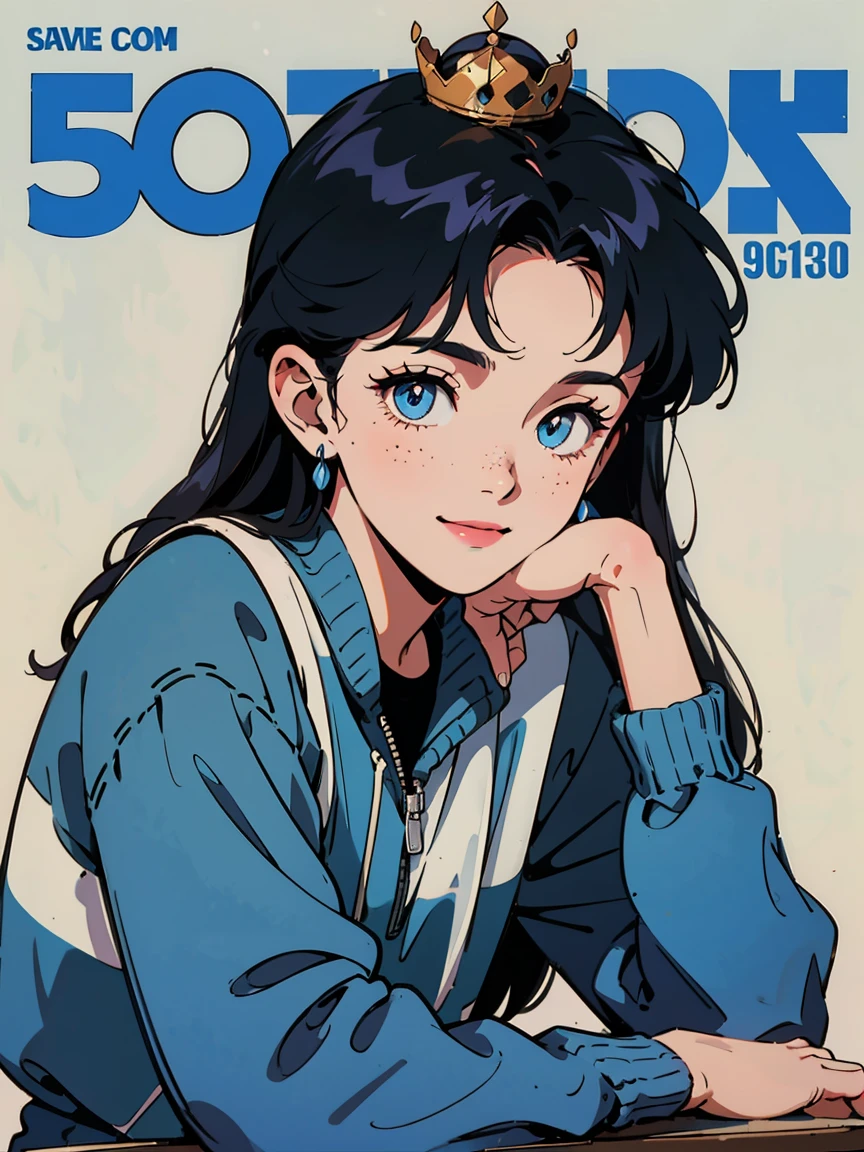 the highest quality, 8k, 1980s style, 21 year old girl, black hair, blue bangs, long hair, light blue eyes, skin white as snow, freckles on cheeks, wearing 1980s blue and grey clothes , White background, magazine cover style, whole body, sitting on a school chair, smiling, crown pin in hair, pet duck