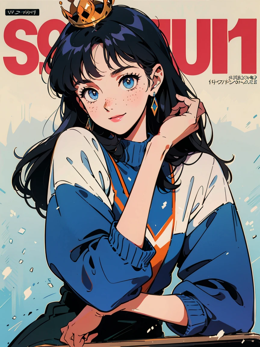 the highest quality, 8k, 1980s style, 21 year old girl, black hair, blue bangs, long hair, light blue eyes, skin white as snow, freckles on cheeks, wearing 1980s blue and grey clothes , White background, magazine cover style, whole body, sitting on a school chair, smiling, crown pin in hair, pet duck
