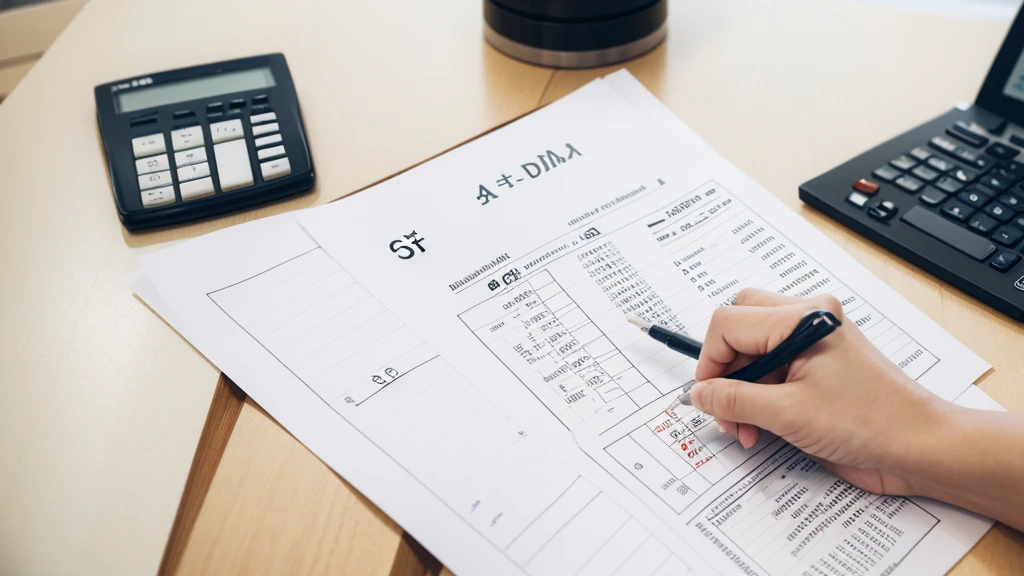 A paper with a calculation of millions, a calculator on the side, (a hand with the index pointing out the final result of the numbers)