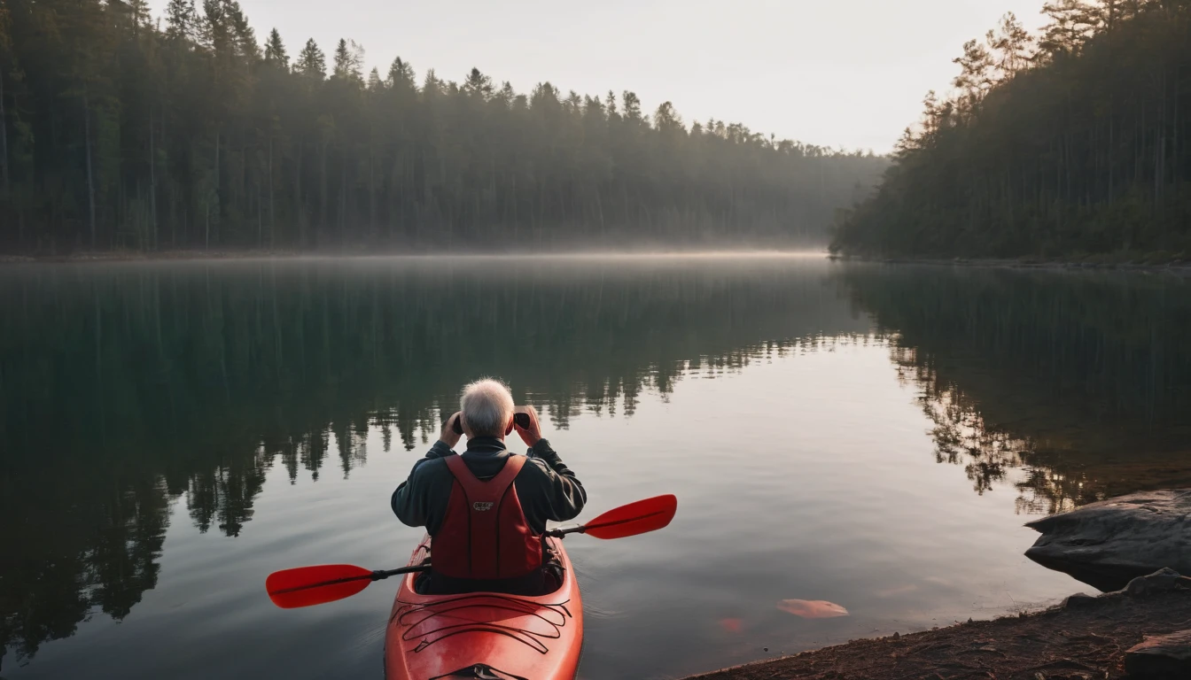 An old man with his back looking through binoculars at a lake at dawn in a red kayak, very close to a dark and scary forest.