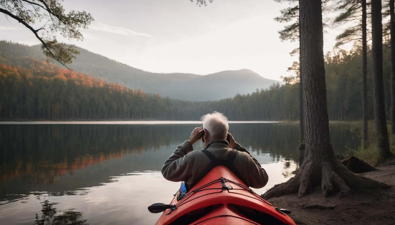 An old man with his back looking through binoculars at a lake at dawn in a red kayak, very close to a dark and scary forest.