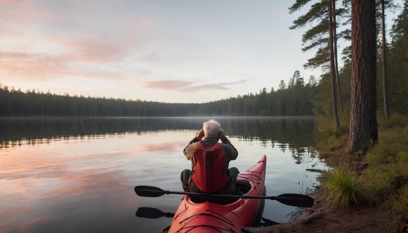 An old man with his back looking through binoculars at a lake at dawn in a red kayak, very close to a dark and scary forest.