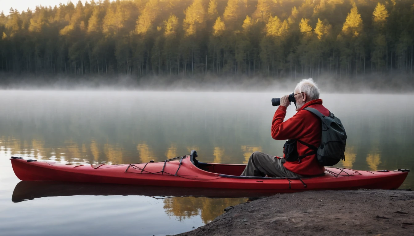 An old man with his back looking through binoculars at a lake at dawn in a red kayak, very close to a dark and scary forest.