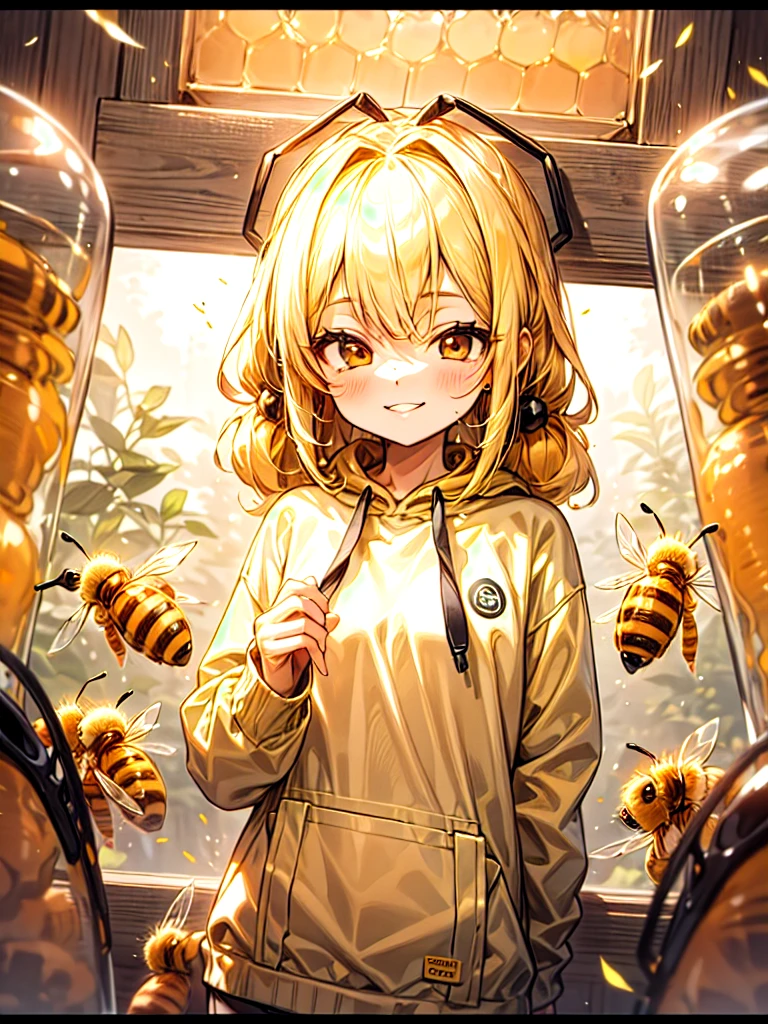Cute small honey bees, girl,cute, ((honey color hoddie:1.2)), picking honey har,cute honey hive room,cute, cuteness, happy, smiling,bees around, happy environment, sweet,cute vibe