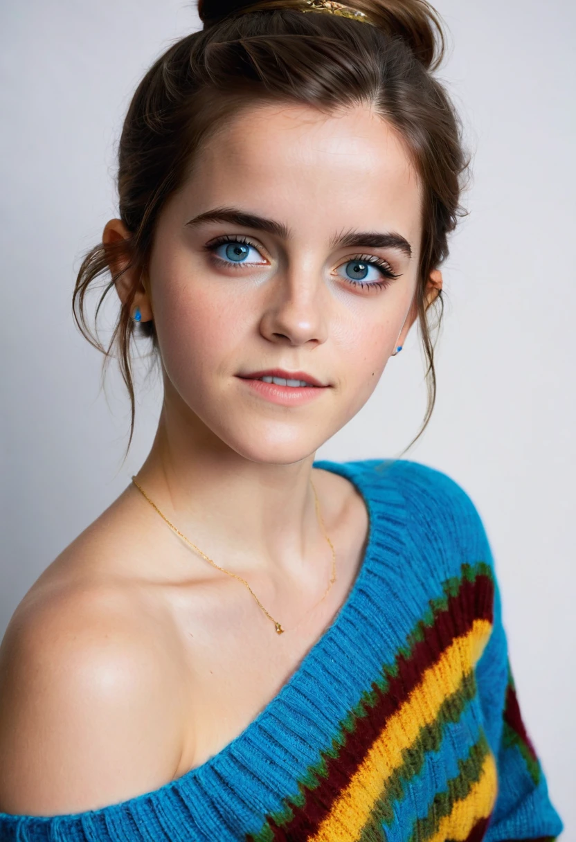 an eye contact of a brunette with hair in a bun, blue colored eyes, ((Emma watson)) 18 years old, flirting with the camera, necklase, Off The Shoulder, colorful sweater, topless