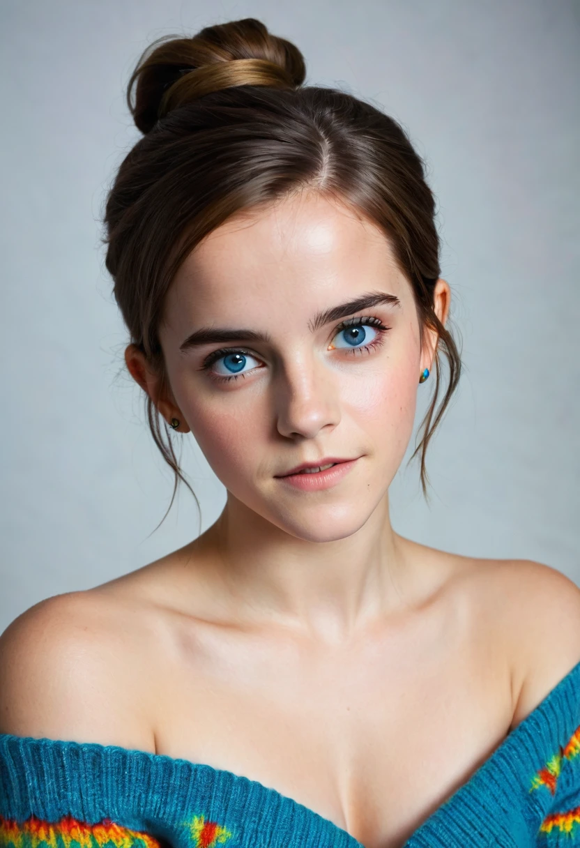 an eye contact of a brunette with hair in a bun, blue colored eyes, ((Emma watson)) 18 years old, flirting with the camera, necklase, Off The Shoulder, colorful sweater, topless