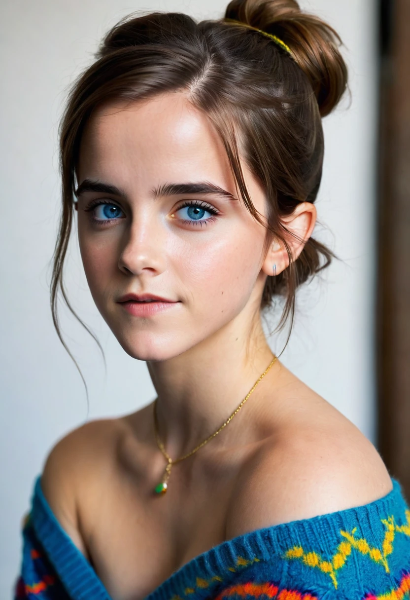 an eye contact of a brunette with hair in a bun, blue colored eyes, ((Emma watson)) 18 years old, flirting with the camera, necklase, Off The Shoulder, colorful sweater, topless