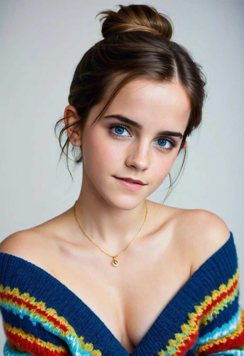 an eye contact of a brunette with hair, blue colored eyes, ((Emma watson)) 1, Big Breasts, Long Hair:1.5, flirting with the camera, necklase, Off The Shoulder, colorful sweater, topless