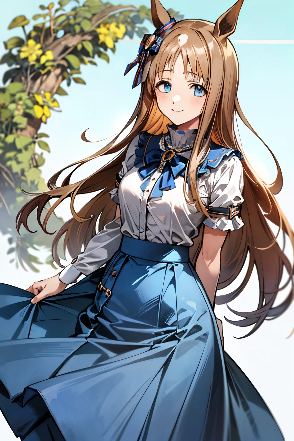 grass wonder \(Umamusume\), 1 girl, Solo, Best Quality, masutepiece, 8K, High resolution, Ultra-detailed, lightsmile, (((White blouse, Pastel blue skirt, Long skirt,)))
