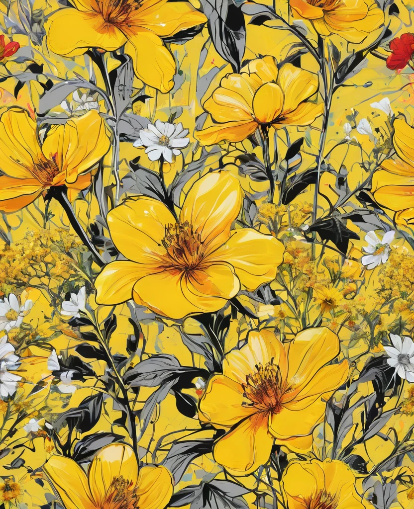 Graffiti, scribble, Comics by Petra Cortright, best quality, masterpiece, yellow flowers artwork, Representative work, official art, Professional, Ultra intricate detailed, 8k, yellow flowers art, colourful background