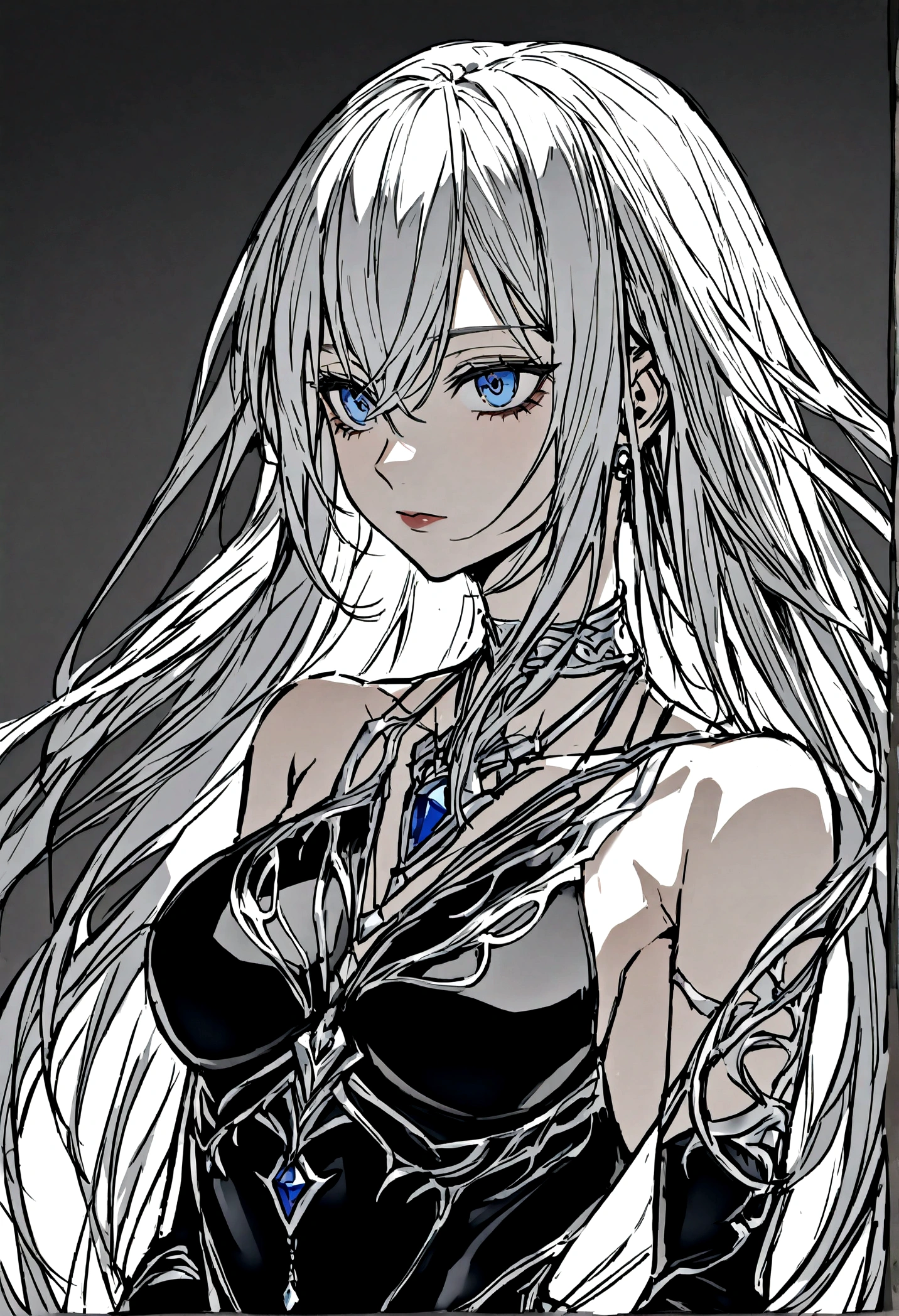Hair: Long, wavy, and raven-black, cascading down her back with a natural sheen.
Eyes: Piercing blue eyes that seem to shimmer with an almost hypnotic quality.
Skin: Pale and flawless, accentuating her striking features.
Build: Slender yet athletic, her lithe form allowing for quick and agile movements in combat.
Clothing: She wears a form-fitting outfit made of dark leather, adorned with silver accents that catch the light. Her attire is both practical for battle and designed to draw attention.
Accessories: A silver choker around her neck with a small, blue gemstone that seems to pulse in rhythm with her voice.