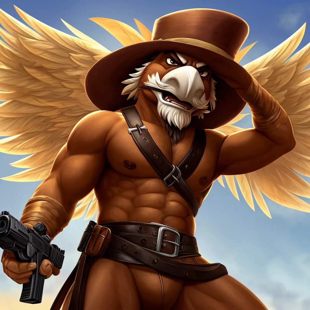 ((masterpiece,best quality)),best res, ((transparent background)A cartoon rooster named El Gallo who is the leader of a Mexican gang of banditos in the early 1900s, he is well groomed but dusty and is brownish-red feathered with a over-stylized large plume of tail feathers and a big, admirable, manly, Mexican mustache, dressed only in old-timey, Mexican bandito gear (thick, worn, brown leather bullet straps crossed over his chest and traditional pistola belt around his wAIST of the same style, and spurs) and stands intimidatingly at an angle with one foot forward in front of a 100% transparent background with a mildly angry, cocky expression, chin up, looking down from the slightly upward point of view of the viewer
