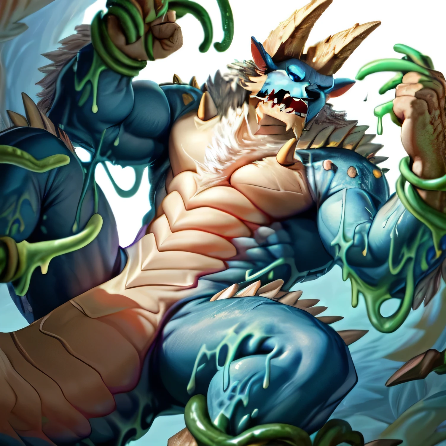 anthropology,(zinogre:1.2),Tail,((whole body,blue eyes, Blue body, White furry, Yellow Hand, Feet, Blue face,4 toes,Tail )),,muscular, whole body, (author:null-ghost,From raccoon21,masterpiece,high quality), Night Fight,((boundary)), rest (((Slime monster uses tentacles to fight dragon)),4 toes,struggle, (pain:1.3),frown,annoyed, Worry,full body,pawpads,((horns))