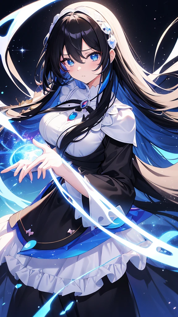 best quality, extremely detailed, anime style adult 1girl, long hair down to the waist, straight hair, ((dark black hair with bluish)), beautiful detailed eyes, pinched eyes, dark blue eyes, huge breasts,curvy, ((((kawaii white and black base colorful magical dress)))),((trousers)),hair accessory,((mysterious item in mysterious place)),dynamic pose,magic square,in precure style