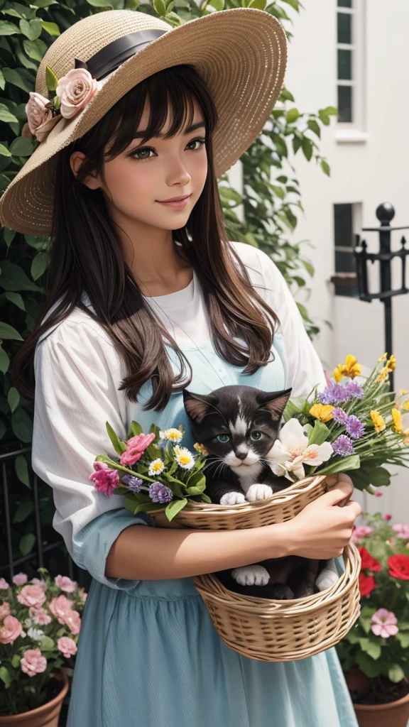 One wearing a hat with a basket of flowers and a puppy and a kitten
