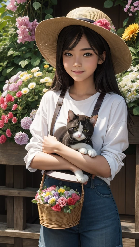 One wearing a hat with a basket of flowers and a puppy and a kitten