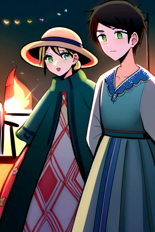  (german woman, age 25, green eyes detailed wavy blonde hair with ponytail , heartthrob style, Grinning, wearing a floral country dress with a straw hat with a scarf on the neck), beside (1womanl, japanese,18-years old, blue eyes,  black hair, wearing a floral country dress with a straw hat) at a São João festival with colorful flags in a festival with a small bonfire 
