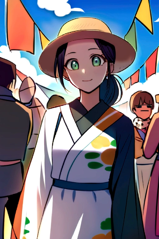 (german woman, age 25, green eyes detailed wavy blonde hair with ponytail , heartthrob style, Grinning, wearing a floral country dress with a straw hat with a scarf on the neck), beside (1womanl, japanese,18-years old, blue eyes, black hair, wearing a floral country dress with a straw hat) at a São João festival with colorful flags in a festival with a small bonfire