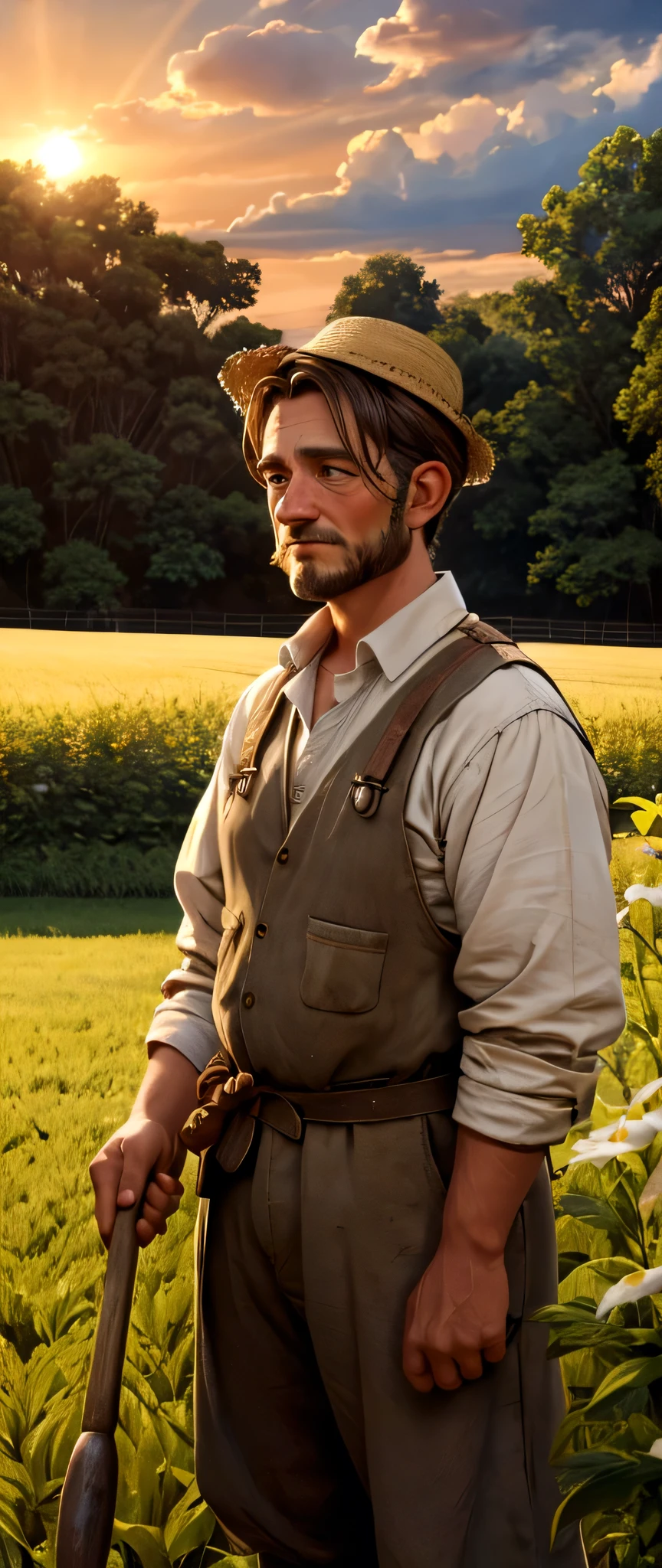 Sure, here is the revised prompt with a European name:
---
A small, picturesque village with lush green fields and quaint houses. In the middle of a field with golden crops swaying in the gentle breeze, a middle-aged farmer named Thomas stands. He has a weathered face and a kind expression, wearing simple, traditional European farming clothes. Thomas's eyes are deep-set, reflecting years of hard work, and his hands are calloused. He holds a farming tool. The sun is setting in the background, casting a warm, golden hue over the scene. Thomas's expression is one of contentment and dedication as he surveys his land, embodying the spirit of hard work and integrity.
---