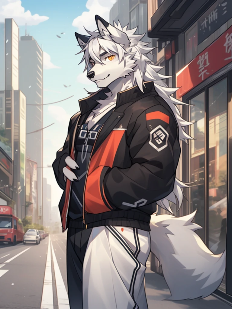 gray wolf，long white hair，City，golden pupils，Handsome，Have a better figure，Say hello by chance，Cai Xukun's
