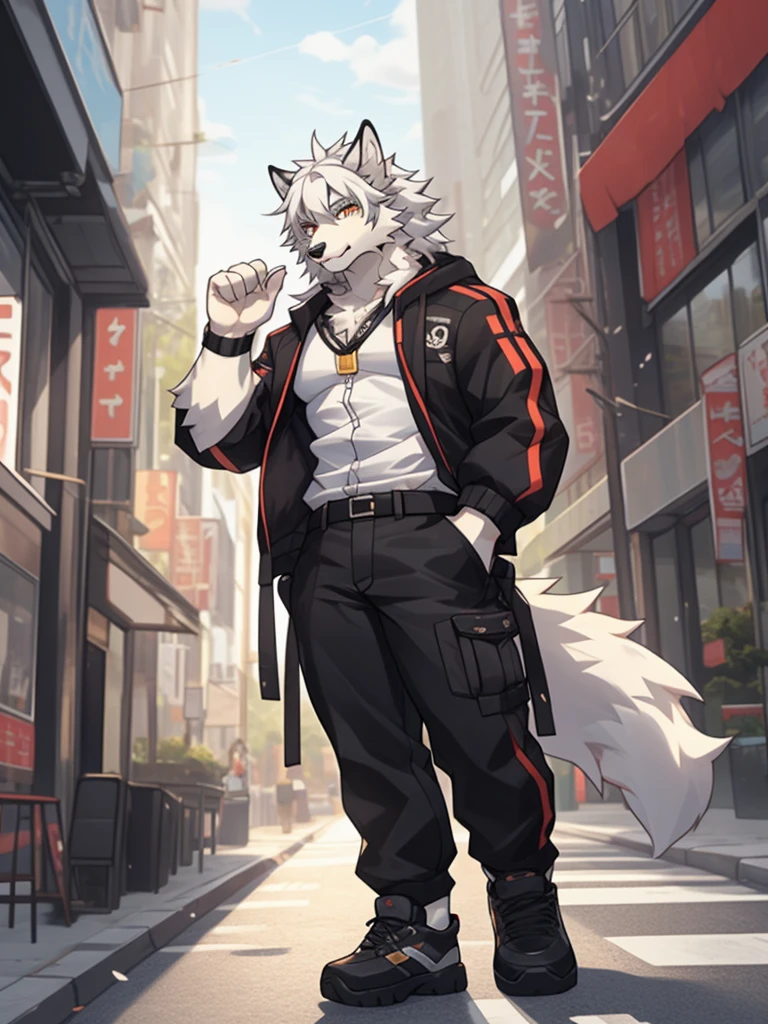 gray wolf,long white hair,City,golden pupils,Handsome,Have a better figure,Say hello by chance,Cai Xukun's